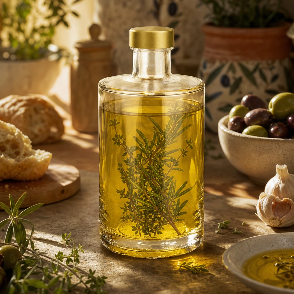 Bottiglia in vetro da 375 ml Sam riempita con olio alle erbe rosmarino timo tappo dorato UNiTWIST decorazione cucina mediterranea