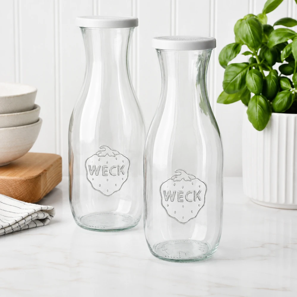 Due bottiglie di succo WECK da 1062 ml con coperchi bianchi in una cucina moderna accanto a ciotole e piante di basilico