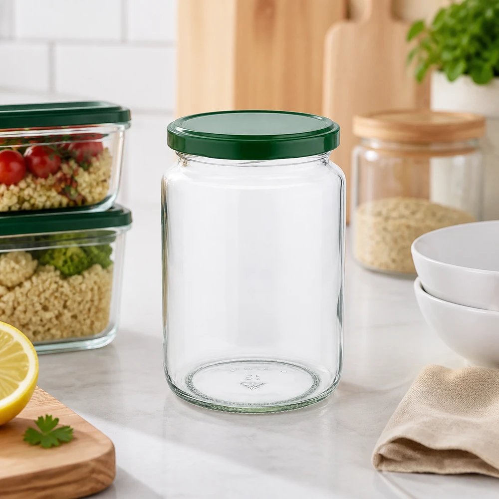Barattolo rotondo da 795 ml + coperchio BasicSeal verde UNiTWIST Barattolo rotondo da 795 ml UNiTWIST vuoto con coperchio verde BasicSeal nelle cucine moderne accanto a scatole per la preparazione dei pasti e barattoli di stoccaggio