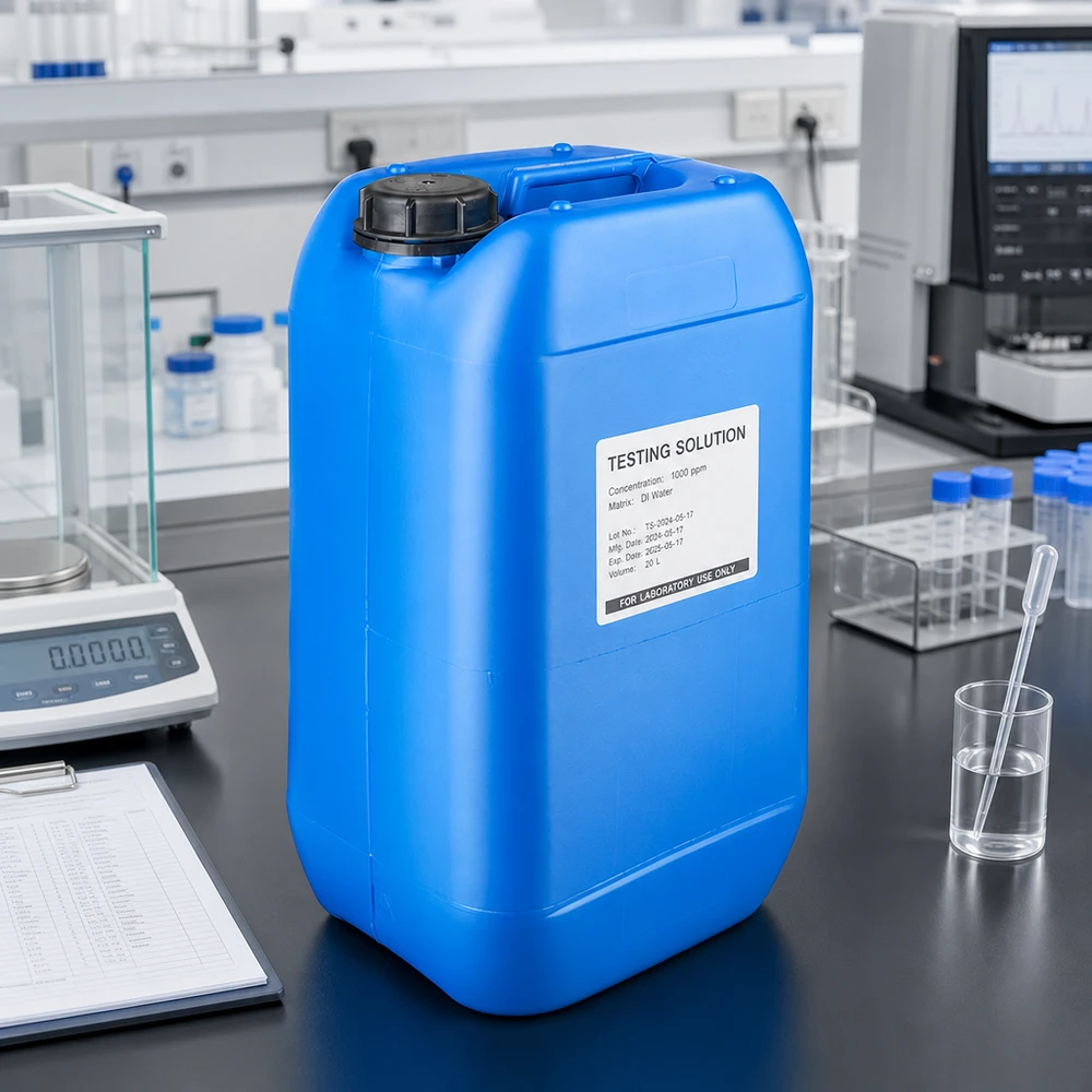 Tanica da laboratorio blu da 15 litri con tappo a vite, in posizione verticale, su un piano di lavoro nero accanto alla bilancia analitica