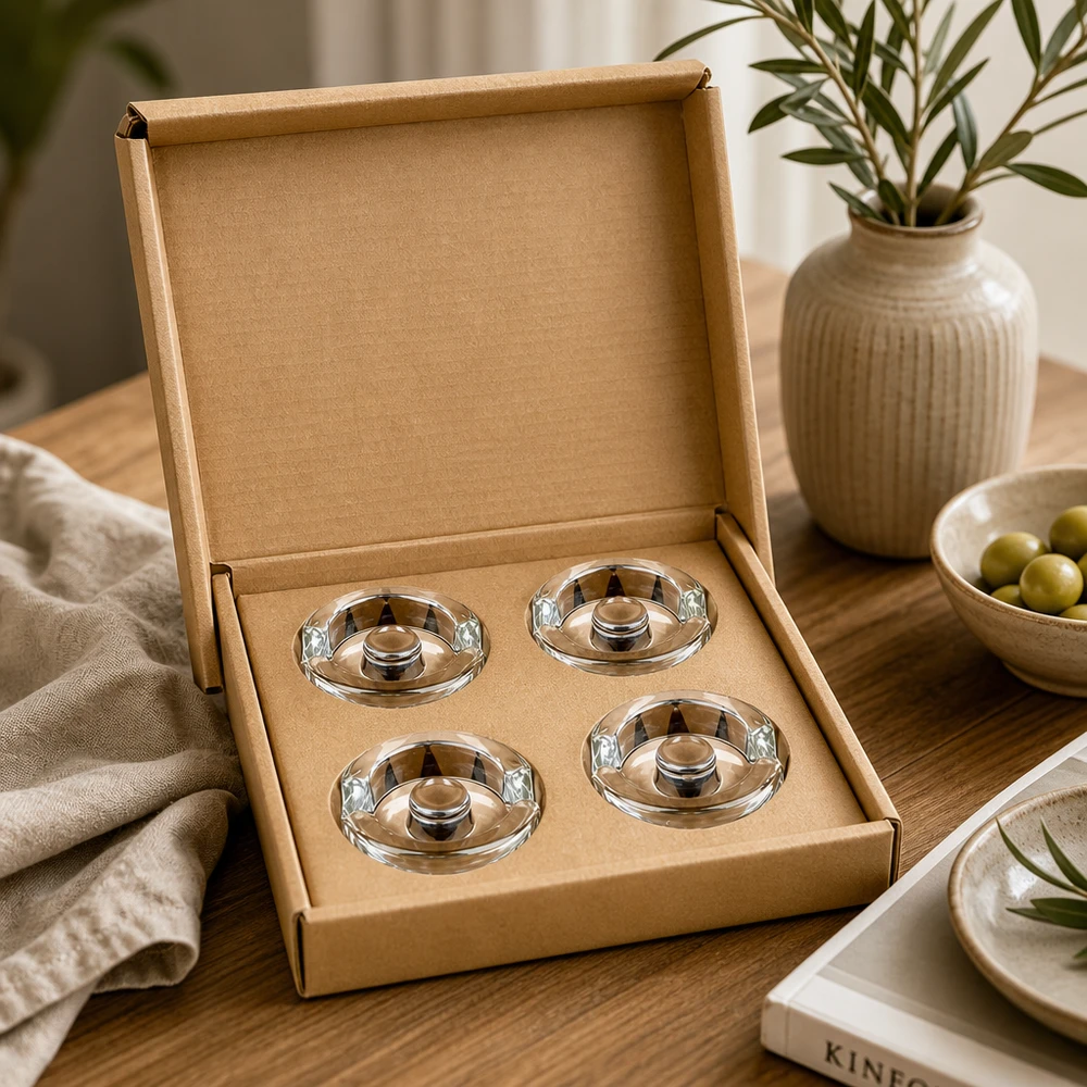 Pesi in vetro per fermentazione con manico set di 4 UNiTWIST UNiTWIST Fermentier-Glasgewichte 4er Set in stilvoller Kartonbox auf Holztisch neben Olivenschale und Keramikvase