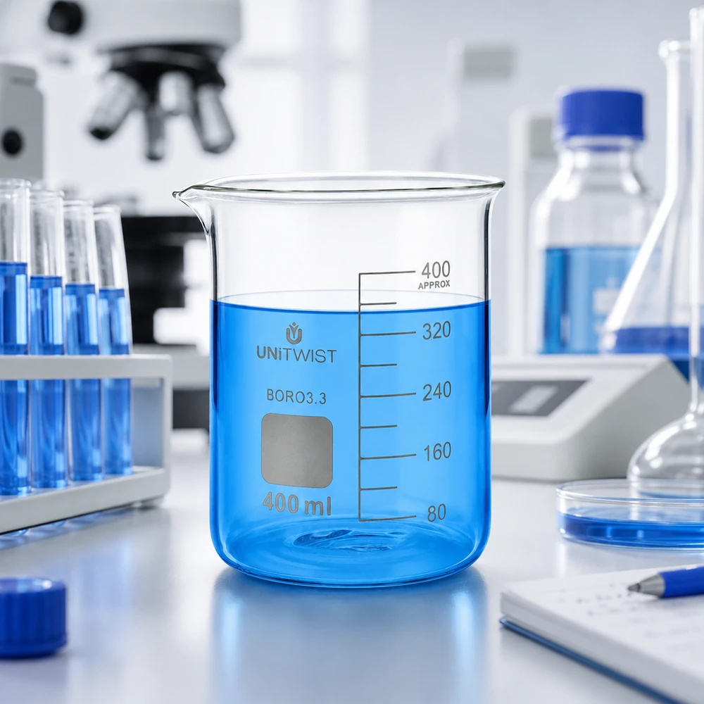 Becher da laboratorio UNiTWIST da 400 ml a forma bassa con liquido blu su un tavolo da laboratorio bianco