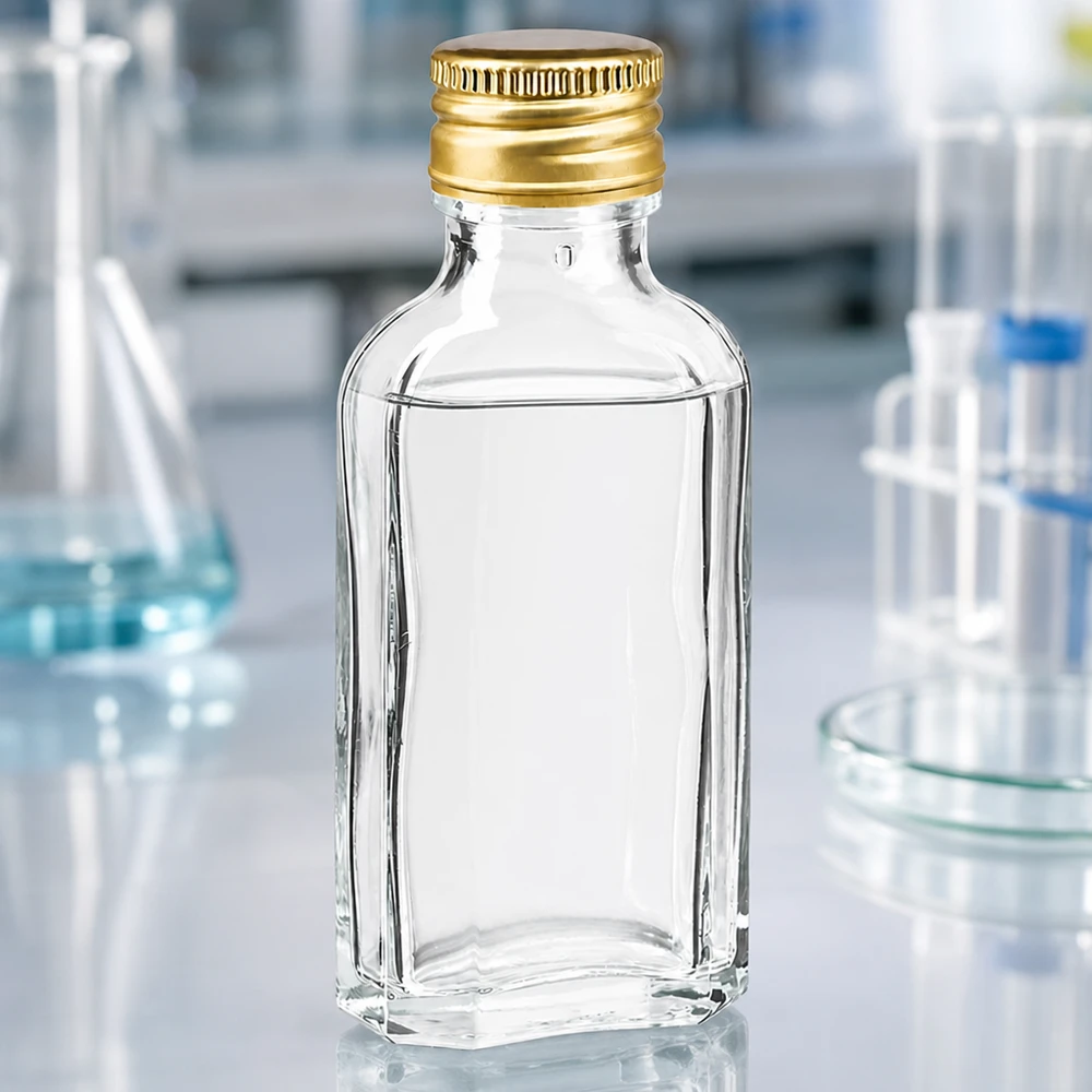 Fiaschetta Meplat in vetro trasparente da 50 ml con tappo a vite in alluminio dorato PP22 in ambito di laboratorio
