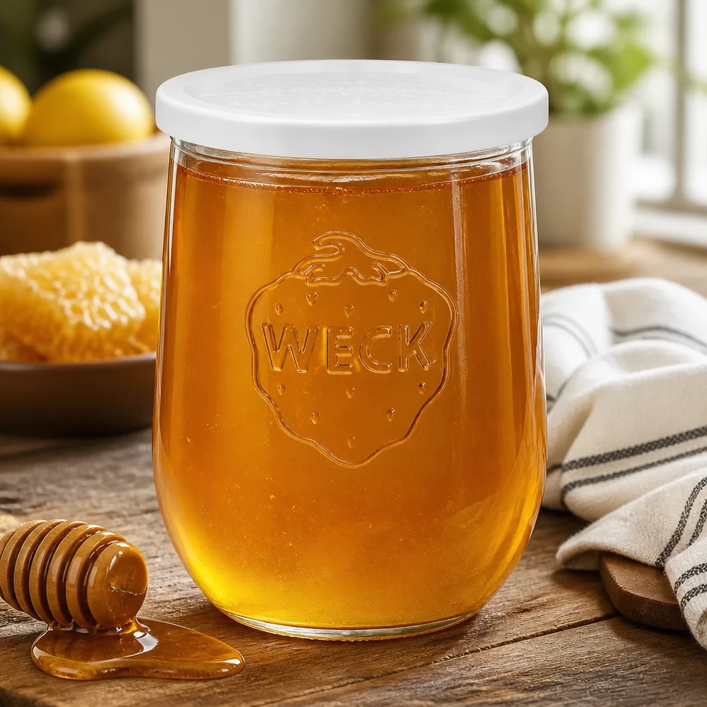 Vaso a tulipano WECK 1062ml RR100 pieno di miele accanto a un cucchiaio da miele su un tavolo di legno in un ambiente di cucina naturale