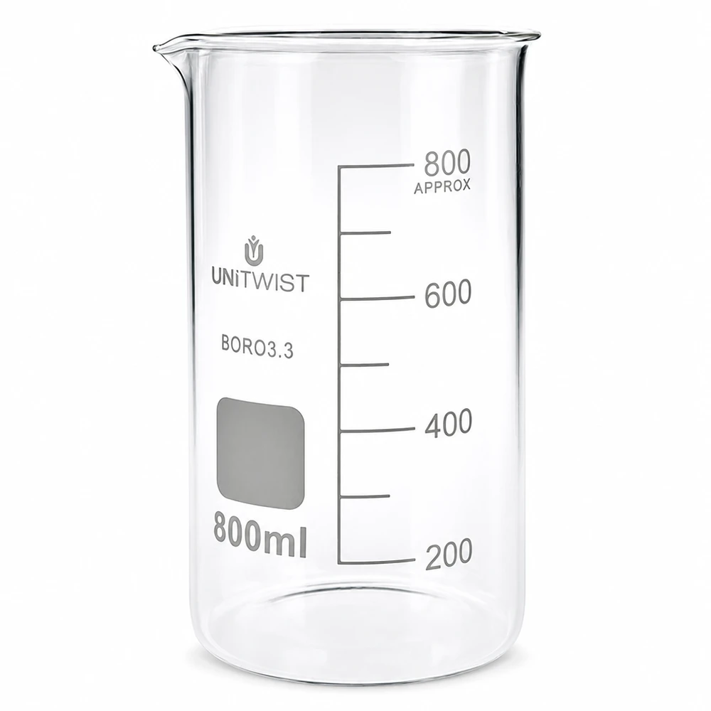 Bicchiere da laboratorio da 800 ml, modello alto, in vetro borosilicato con scala in millilitri di UNITWIST