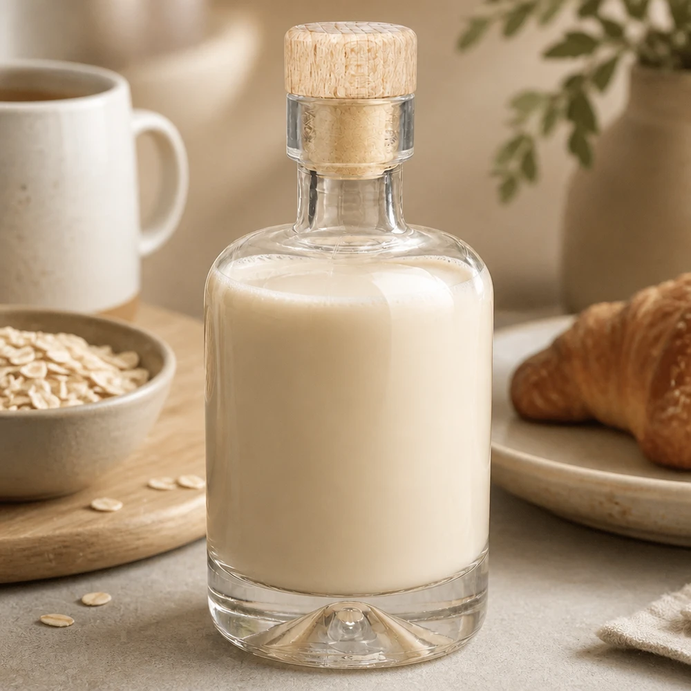 Bottiglia in vetro da 50 ml Amelie con tappo in sughero con impugnatura in legno UNiTWIST 50ml Glasflasche Amelie mit cremigem Hafermilch-Inhalt neben Haferflocken und Gebäck im gemütlichen Küchen-Ambiente