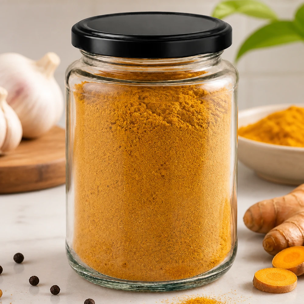 Barattolo rotondo da 382 ml con coperchio BasicSeal nero UNiTWIST. Barattolo rotondo nero BasicSeal da 382 ml riempito con polvere di curcuma tra radici di curcuma e aglio freschi.