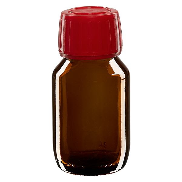 Flacone per medicinali da 50 ml marrone, tappo rosso con chiusura antimanomissione Flacone per medicinali da 50 ml marrone, tappo rosso con chiusura antimanomissione