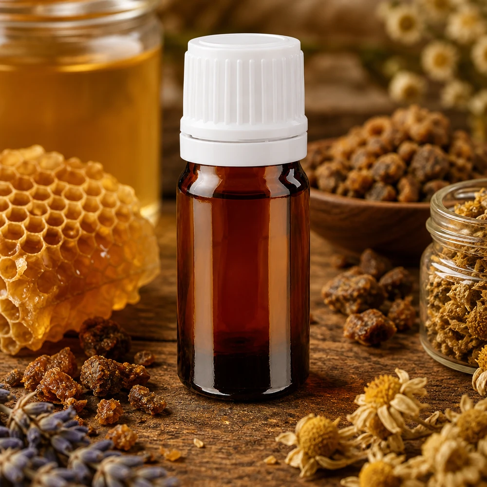 Bottiglia da farmacia marrone da 5ml. SV OV bianco/11mm ApoGlas Estratto di piante medicinali, flacone da 5 ml in vetro ambrato con tappo a vite bianco, circondato da propoli e miele