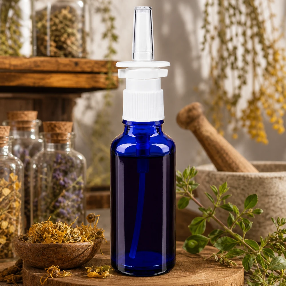 Flacone da 30 ml per spray nasale in vetro blu con erogatore bianco, circondato da erbe medicinali essiccate