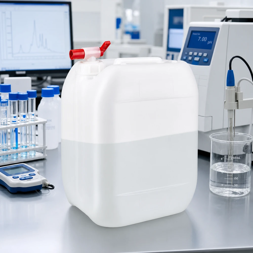 Tanica da 10 litri con rubinetto di scarico Contenitore da laboratorio bianco da 10 litri con rubinetto rosso, accanto a un pH-metro e a un becher