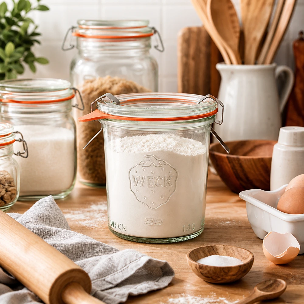 WECK 140ml RR60 tumbler riempito di farina in cucina con ingredienti da forno uova mattarello e utensili in legno per la cottura