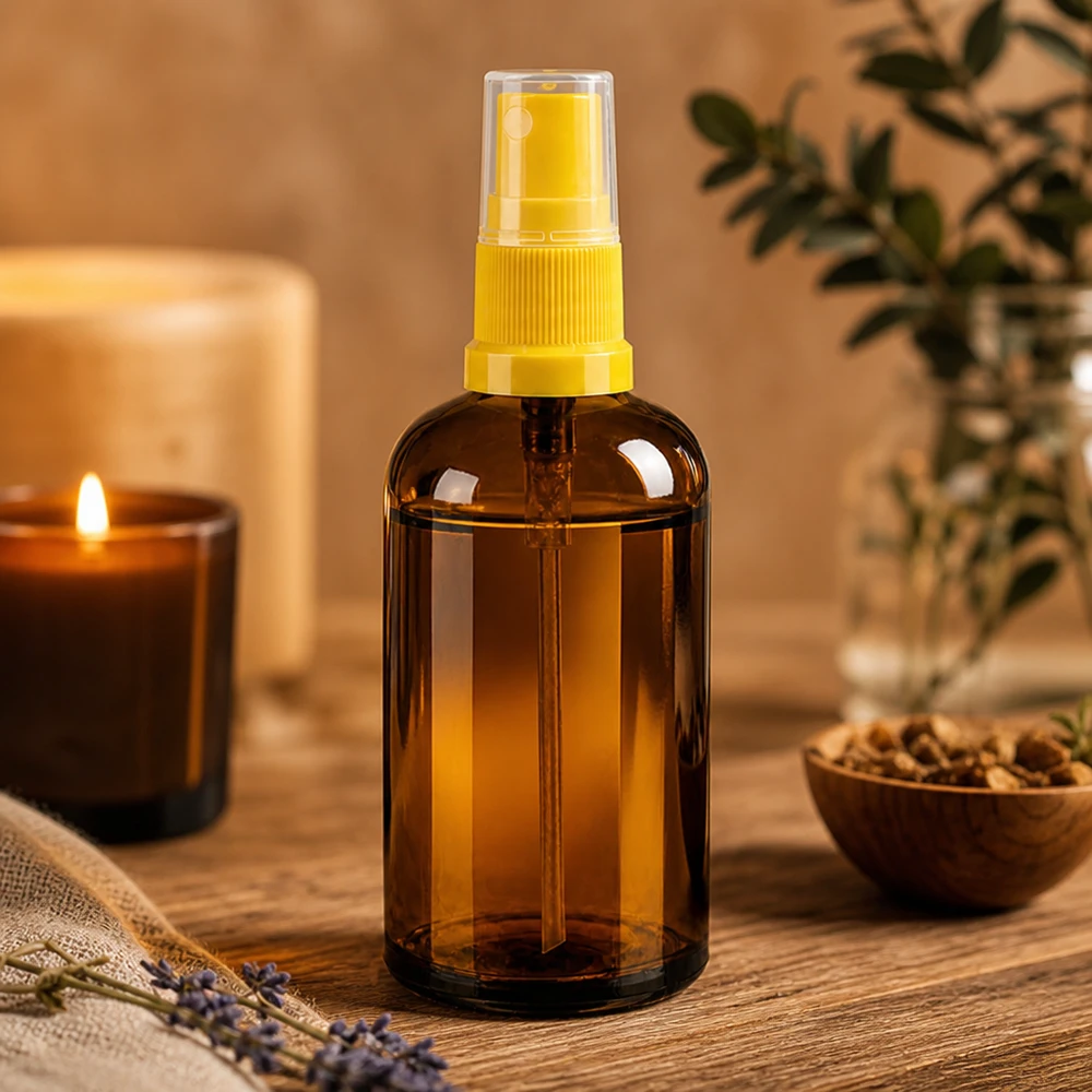 Flacone spray da 100 ml giallo/trasparente STD BrownLine UT18/100 Versatile flacone in vetro da 100 ml con attacco spray per cosmetici fai da te e cosmetici naturali