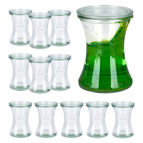 Set di 12 vasetti Weck da 370 ml con 12 coperchi di vetro