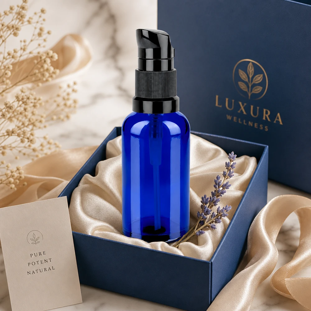 Flacone a pompa da 50 ml nero STD BlueLine UT18/50 Flacone in vetro premium da 50 ml con pompa nera STD BlueLine UT18/50, protegge dai raggi UV e dall'ossidazione.