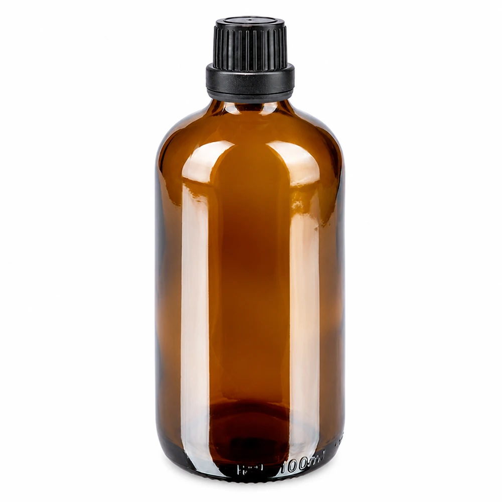 Flacone contagocce marrone 100ml OV nero/2mm ApoGlas Flacone da farmacia marrone da 100 ml in vetro borosilicato con tappo OV nero e contagocce da 2 mm