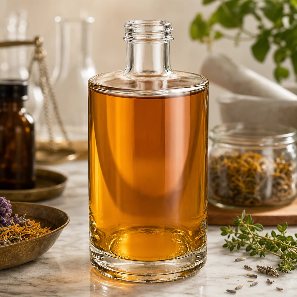 Bottiglia in vetro da 375 ml Sam senza tappo a vite UNiTWIST® Bottiglia di vetro da 375 ml di Sam con liquido ambrato disposto in un ambiente naturale con erbe e spezie