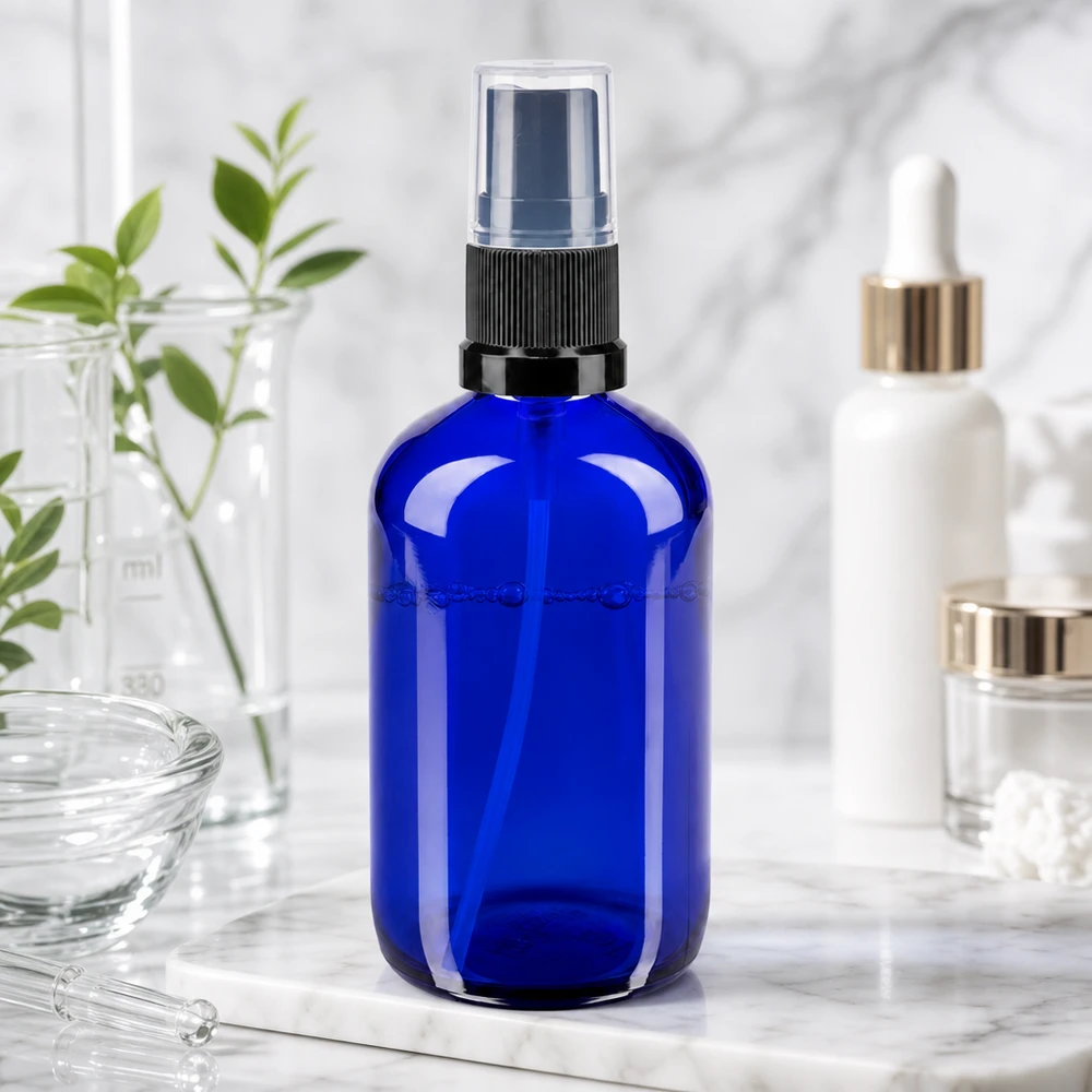 Flacone spray blu da 100 ml in vetro da farmacia con nebulizzatore nero, su fondo marmorizzato, con prodotti cosmetici