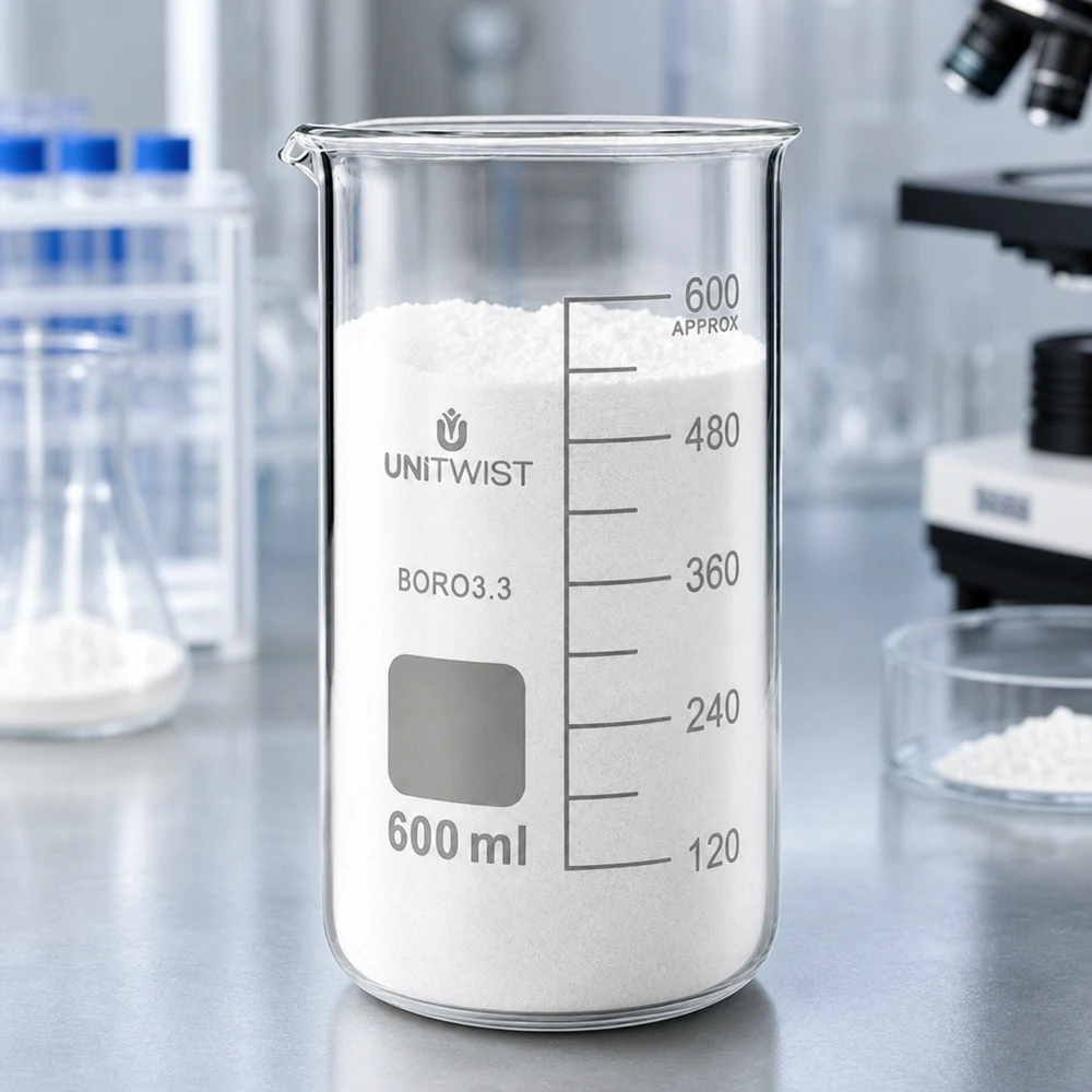 Vaso di vetro UNITWIST da 600 ml, modello alto, riempito di polvere bianca su un piano di lavoro da laboratorio