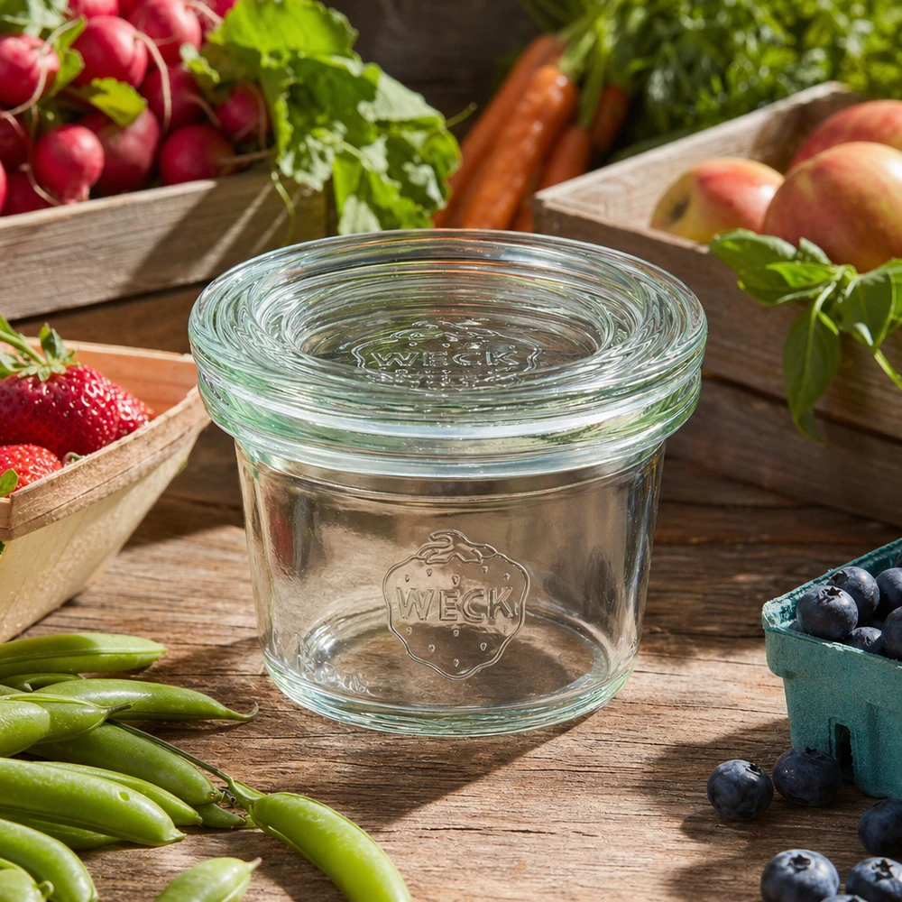 WECK 35ml RR40 vaso da muratore vuoto con coperchio in vetro circondato da frutta e verdura fresca su un tavolo di legno rustico