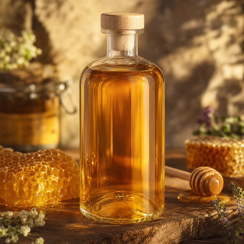 Flacone farmaceutico da 500 ml Flora con tappo in sughero con impugnatura in legno UNiTWIST® Flora, bottiglia di vetro da 500 ml riempita di miele, accanto a favo e a un salsiera su una tavola di legno rustica, in una luce calda.
