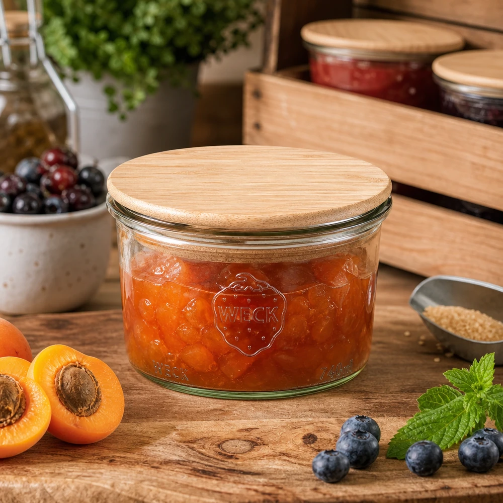 Bicchieri da 200 ml WECK RR80 con coperchio in legno WECK Einmachglas 200ml mit Holzdeckel gefüllt mit Aprikosenmarmelade auf Holztisch neben frischen Früchten