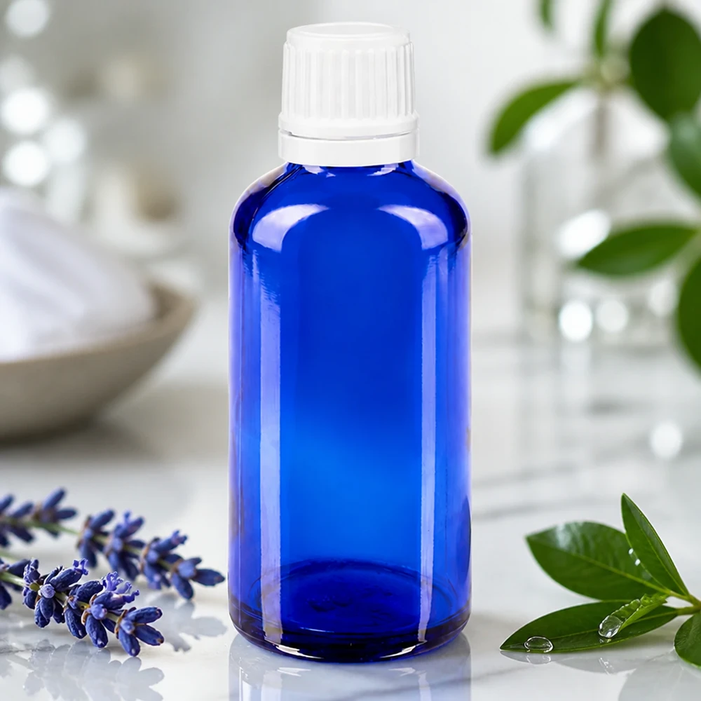 Flacone di vetro blu da 50 ml con tappo bianco a prova di bambino, accanto a ramoscelli di lavanda freschi
