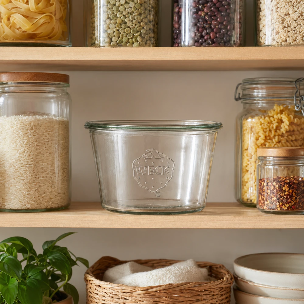 Bicchieri WECK RR100 da 370 ml in scaffale da cucina con barattoli per la conservazione di alimenti e prodotti sostenibili