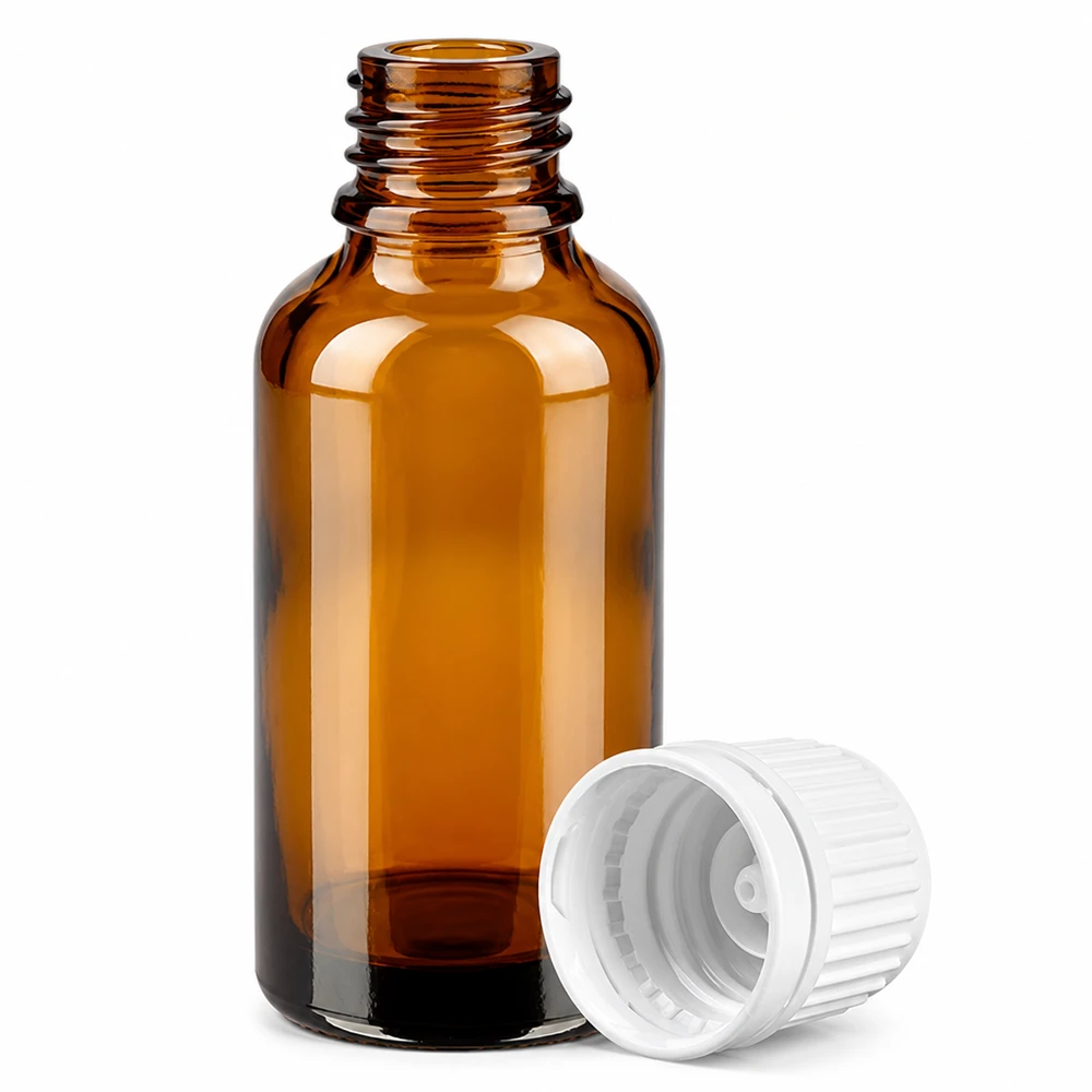 Bottiglia da 30ml 11mm SV bianco OV BrownLine UT18/30 Flacone contagocce da 30 ml marrone con tappo bianco a prova di bambino per medicinali e cosmetici