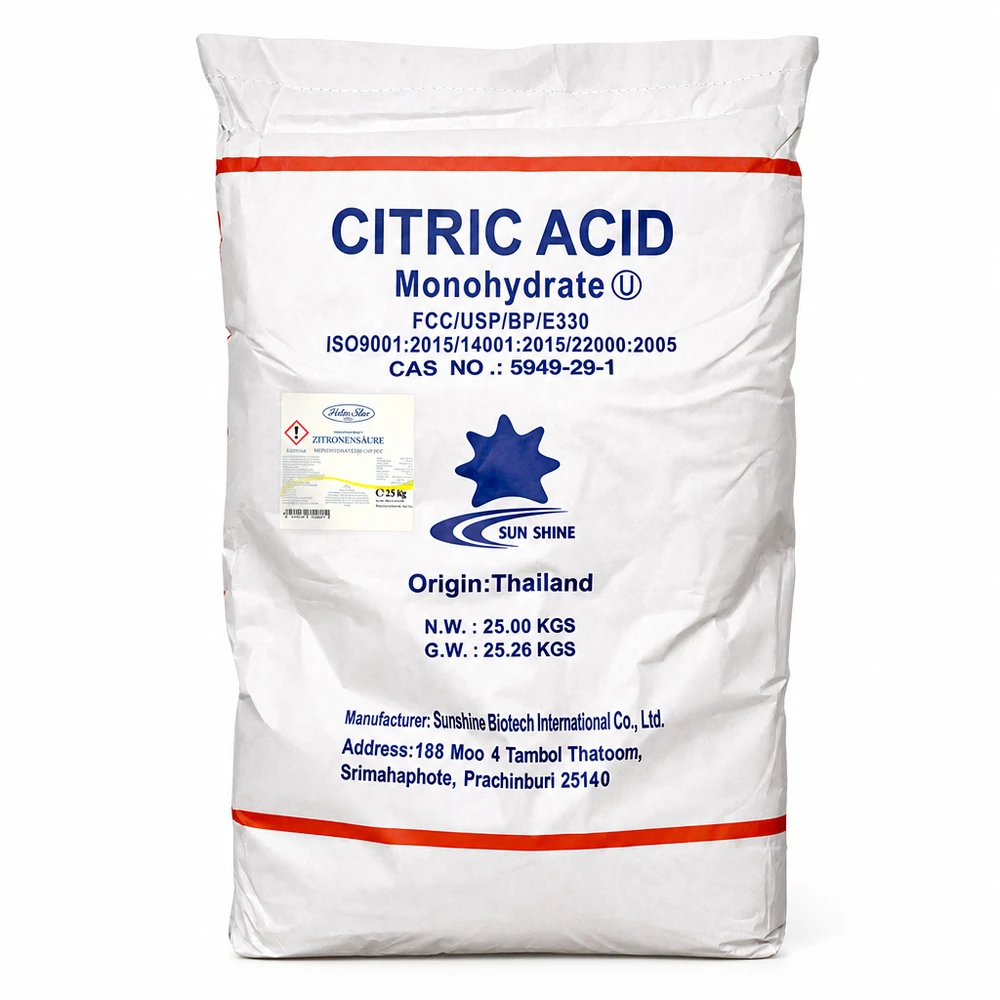 25 kg di acido citrico monoidrato E330 in sacchi industriali bianchi per la produzione alimentare