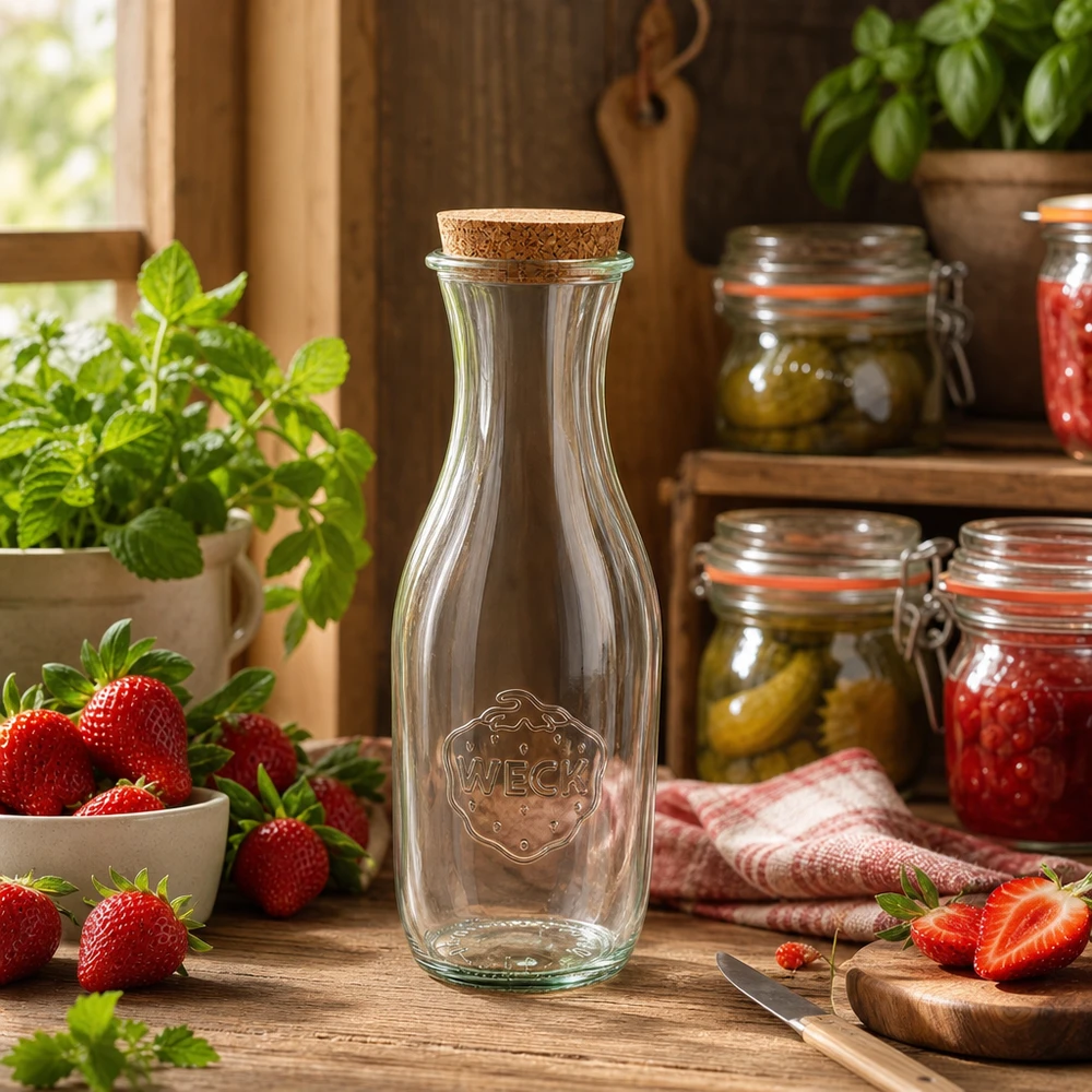 Bottiglia per succo di frutta da 1062 ml WECK RR60 con tappo in sughero naturale Bottiglia di vetro WECK da 1062 ml in cucina rustica con fragole fresche e barattoli di vetro per conserve