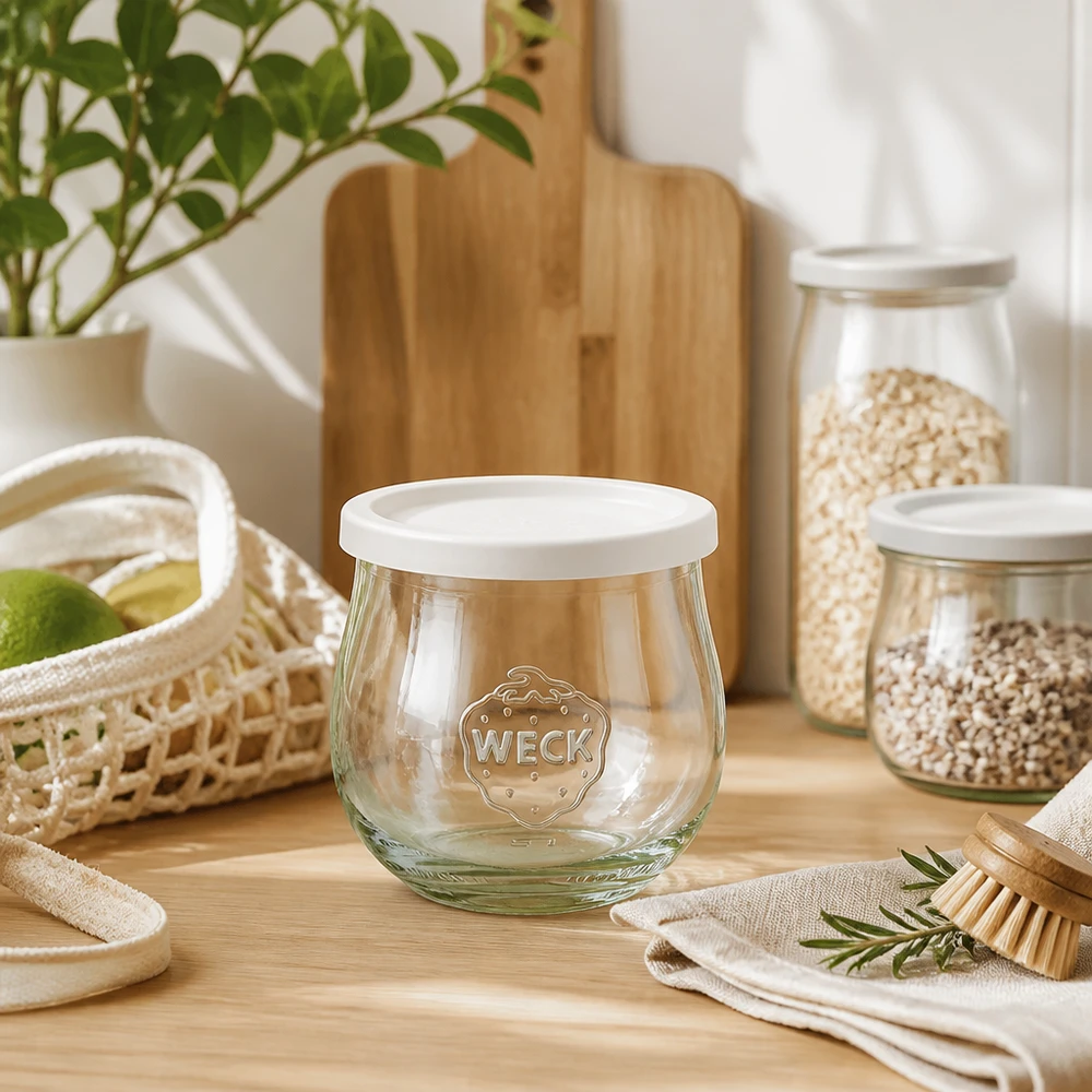 Vaso a tulipano WECK 370ml RR80 decorativamente allestito in un'atmosfera di cucina naturale con utensili in legno e barattoli di stoccaggio