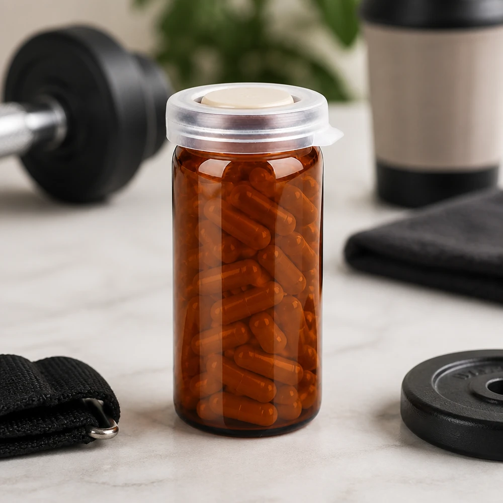 Vaso in vetro farmaceutico marrone da 10 ml con coperchio a scatto e capsule arancioni davanti a una panca pesi e ad attrezzi sportivi