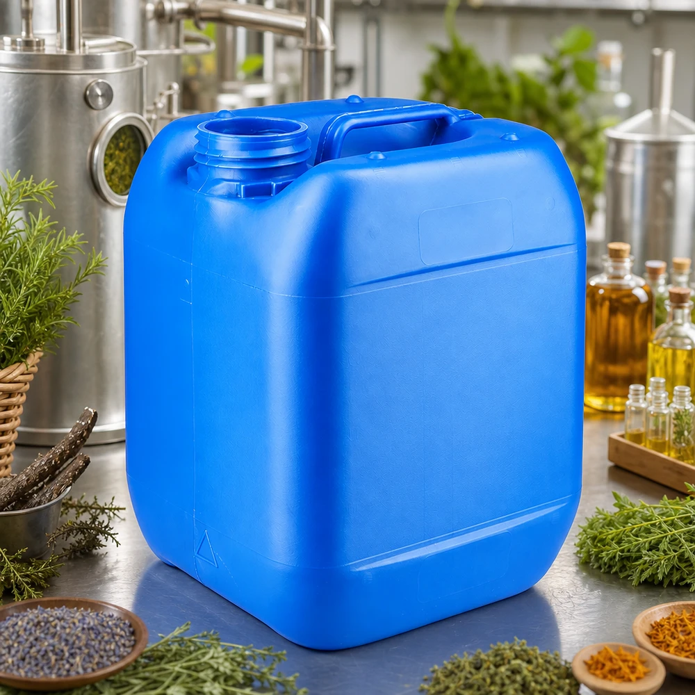 Tanica di plastica blu da 5 litri senza tappo, circondata da erbe e oli essenziali