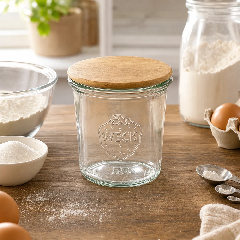 WECK 140ml RR60 barattolo in muratura con coperchio in legno in cucina con farina, uova e ingredienti da forno per la conservazione