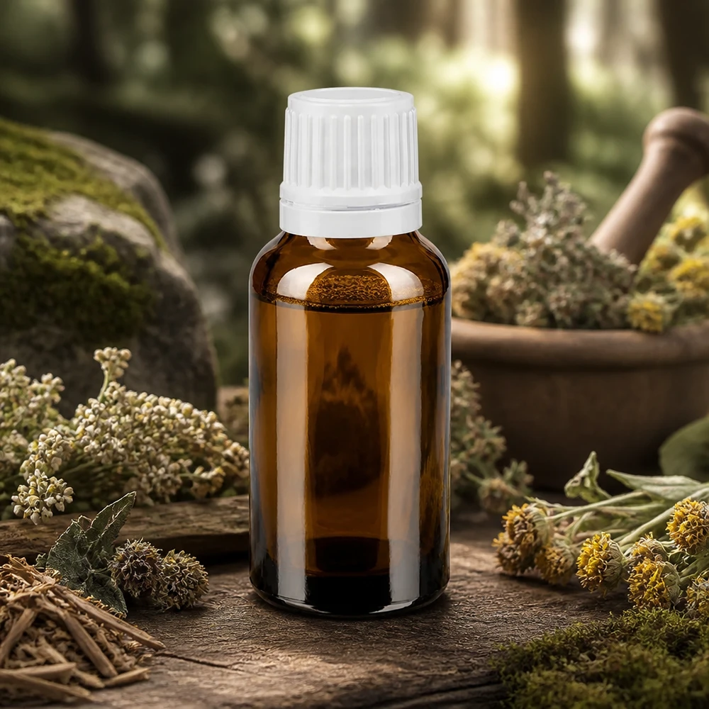 Flacone da 20 ml in vetro ApoGlas con tappo OV bianco, circondato da erbe medicinali e un mortaio