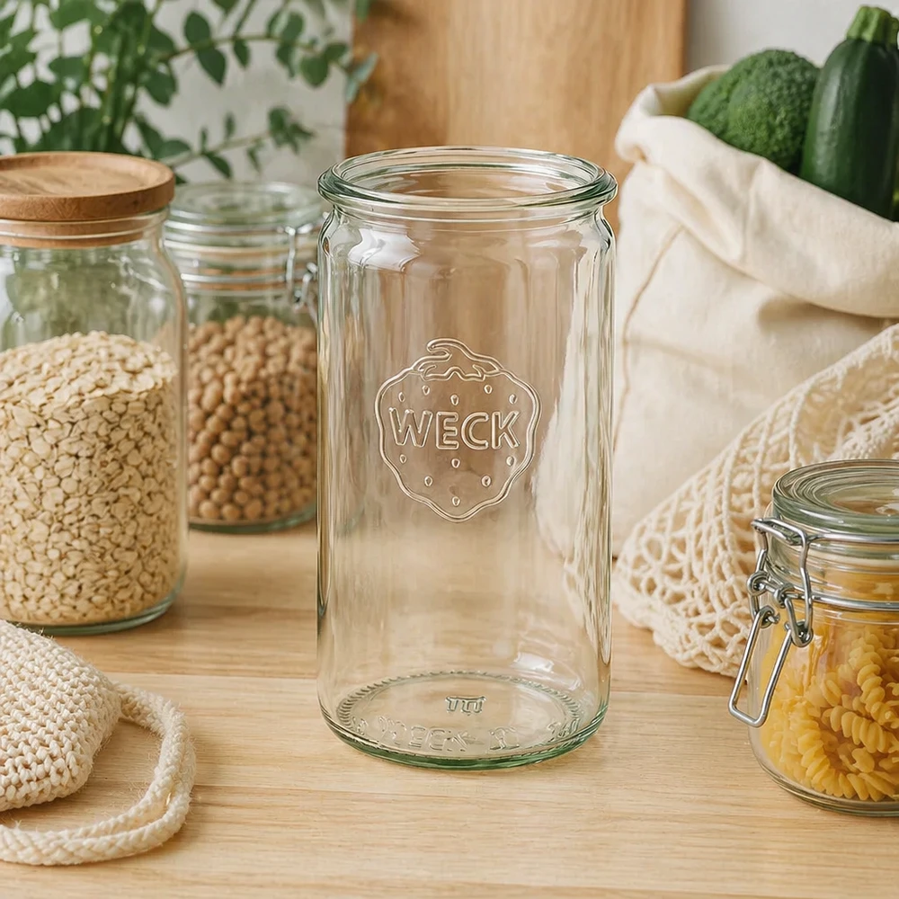Vaso cilindrico WECK da 340 ml RR60 in cucina sostenibile a spreco zero con vasi di stoccaggio e sacchetti di cotone