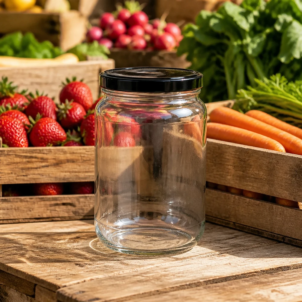 Barattolo rotondo da 1700 ml con coperchio BasicSeal nero UNiTWIST. Vaso rotondo da 1700 ml vuoto BasicSeal coperchio mercato nero bancarella frutta fresca verdura barattolo di conservazione