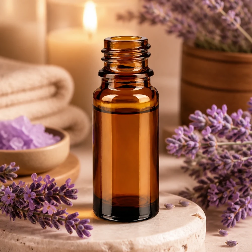 Flacone marrone ApoGlas da 10 ml con lavanda e accessori per il benessere in un'atmosfera rilassante da spa.
