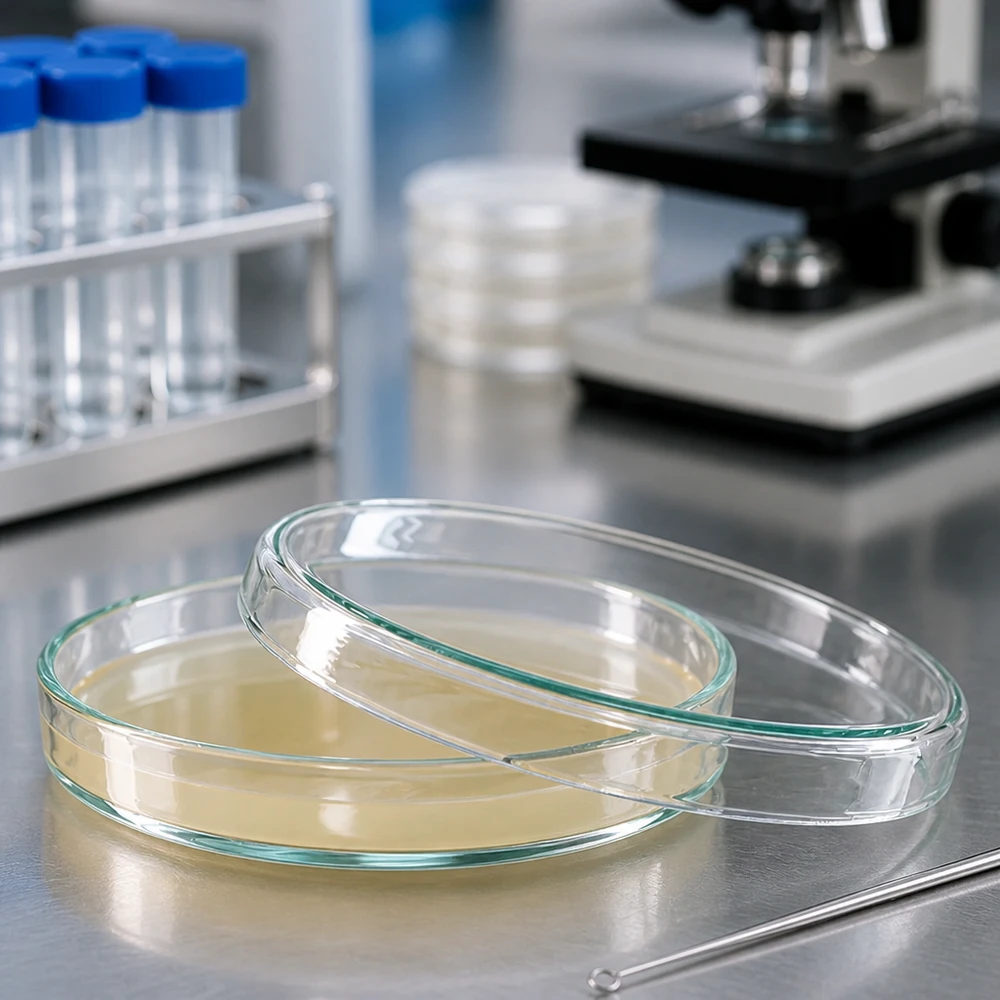 Piastra di Petri 90x15 mm in vetro trasparente con agar nutriente di colore giallastro su superficie in acciaio inossidabile