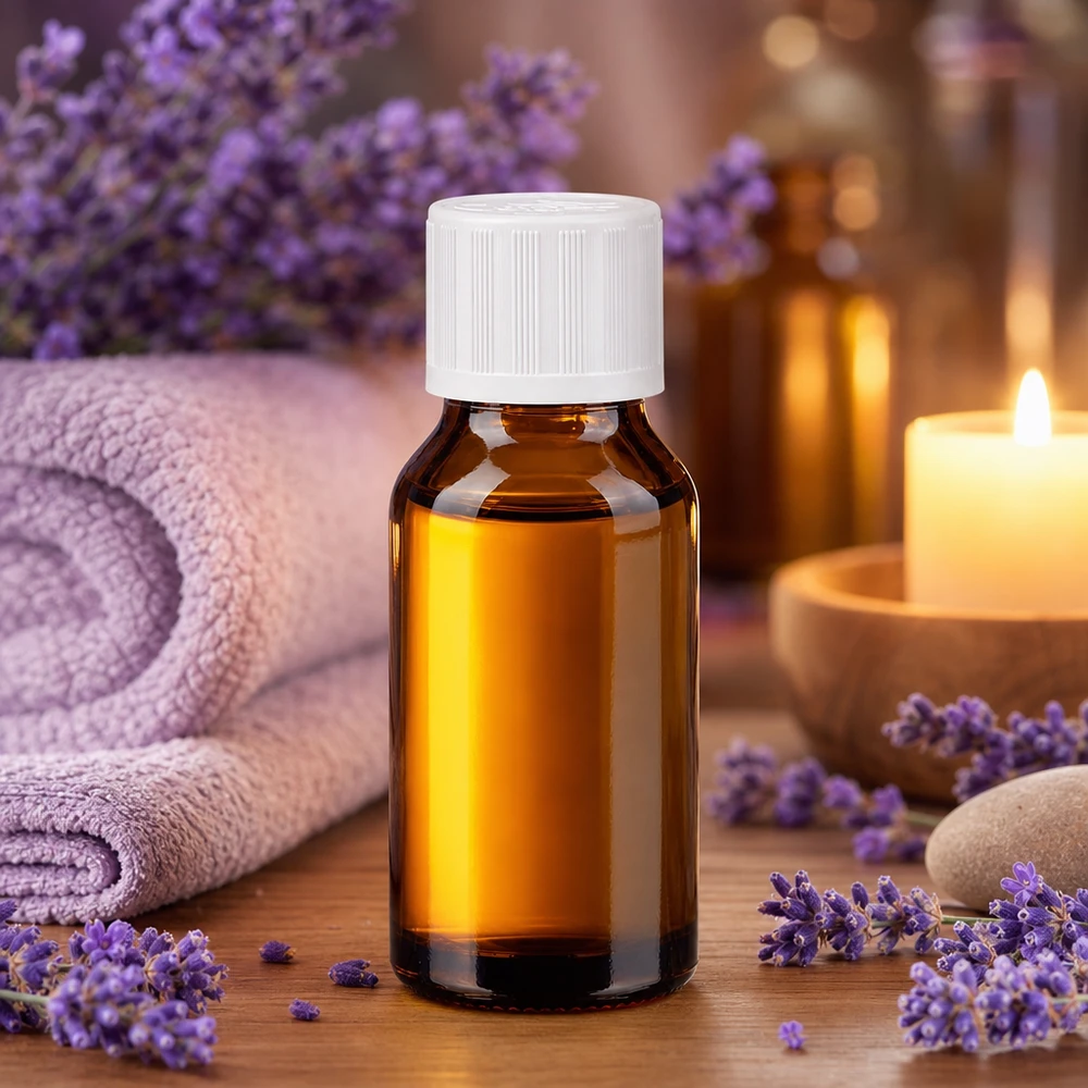 Flacone di vetro marrone da 30 ml con tappo di sicurezza per bambini bianco, accanto a fiori di lavanda e una candela