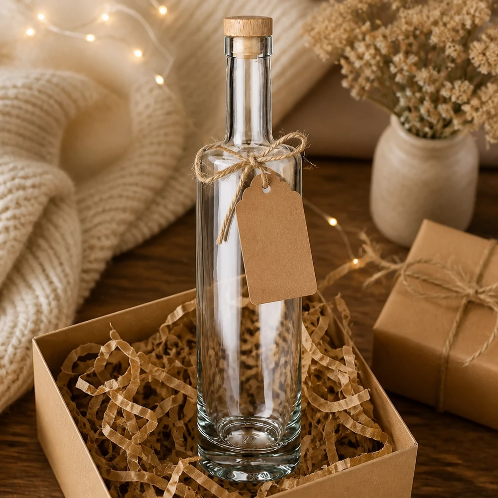 Bottiglia in vetro da 500 ml Lina con tappo in sughero con impugnatura in legno UNiTWIST® 500ml bottiglia di vetro Lina confezione regalo con carta kraft scatola ciondolo luci bianche calde fata decorazione