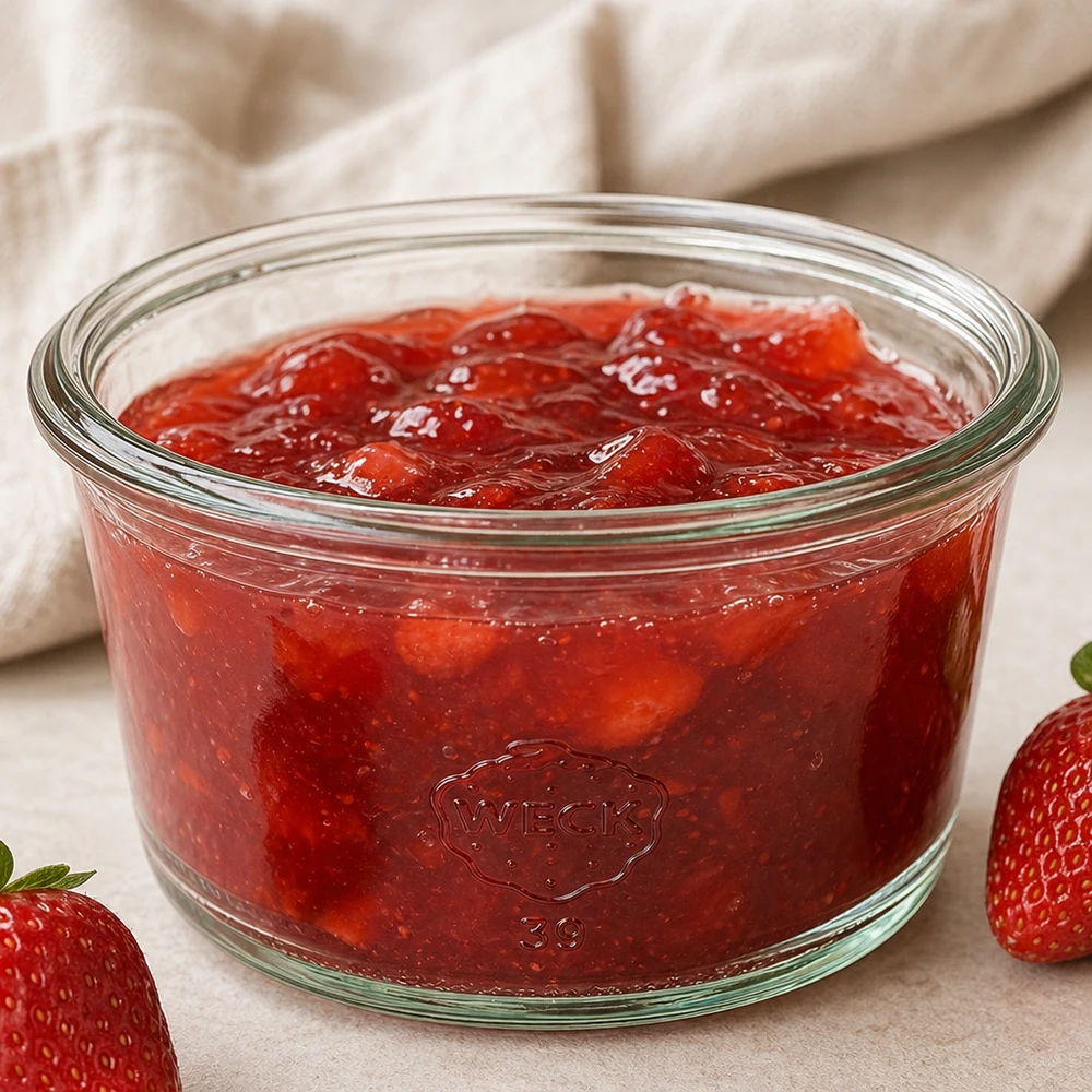 WECK Barattolo Gourmet RR80 165ml pieno di marmellata di fragole rosse tra fragole fresche su sfondo chiaro