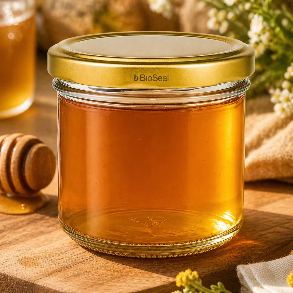 UNiTWIST Sturz125 con coperchio dorato. Coperchio TO66 BioSeal Bicchieri UNiTWIST da 125 ml riempiti di miele - coperchio dorato TO66 BioSeal su tavoletta di legno con cucchiaio da miele