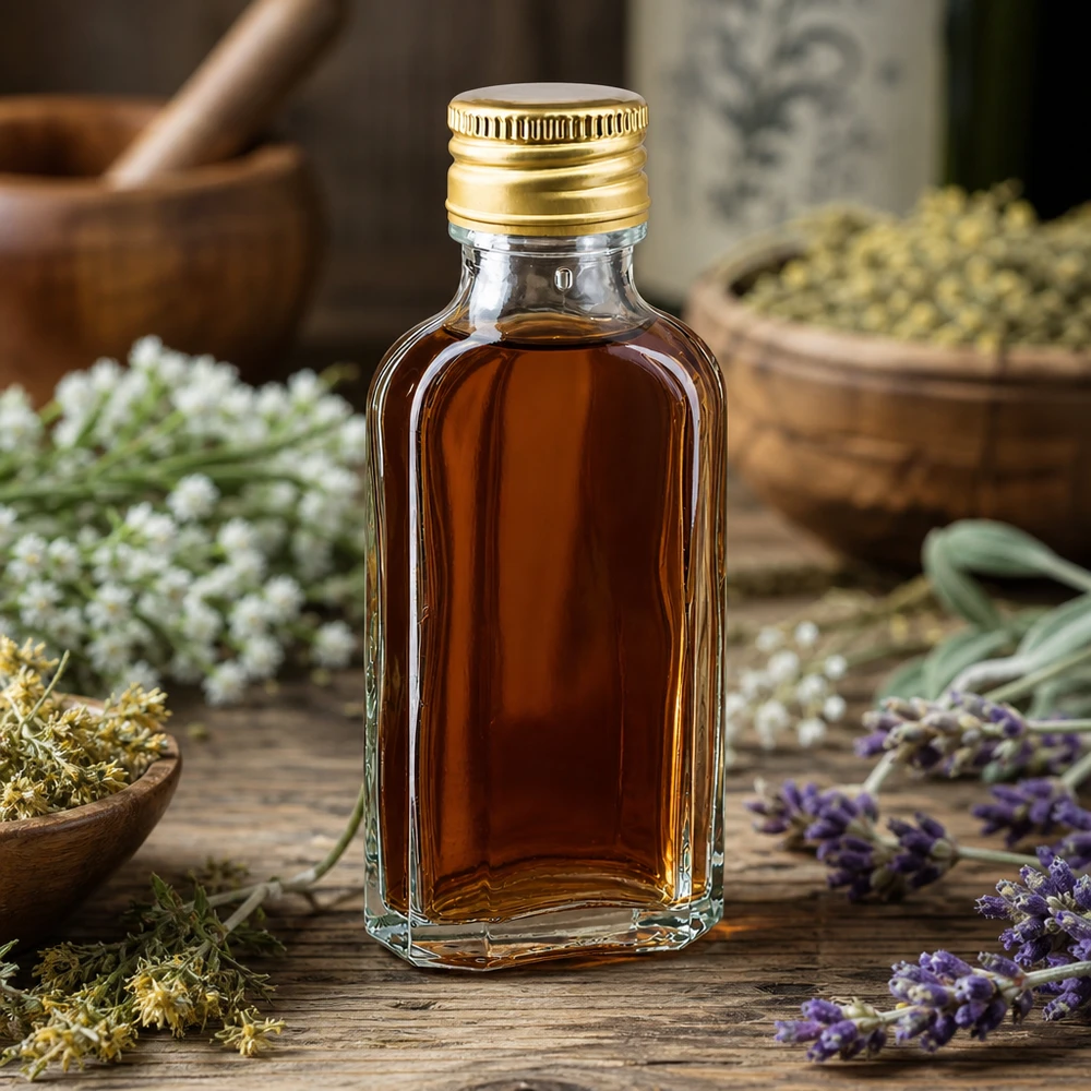 Flacone Meplat da 50 ml trasparente con tappo in alluminio dorato PP22, tra lavanda ed erbe medicinali