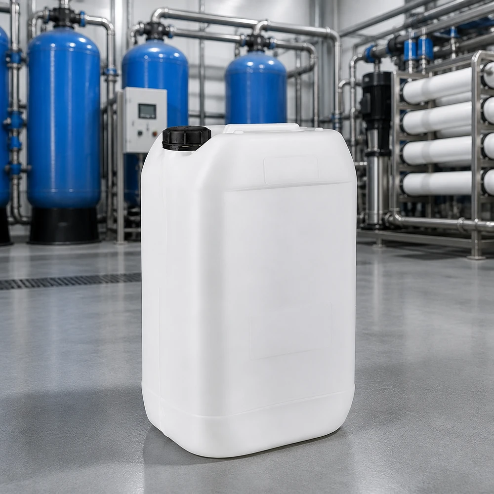 Tanica 15 litri con tappo a vite OV Tanica vuota da 15 litri con tappo di sicurezza davanti a un impianto industriale di trattamento delle acque