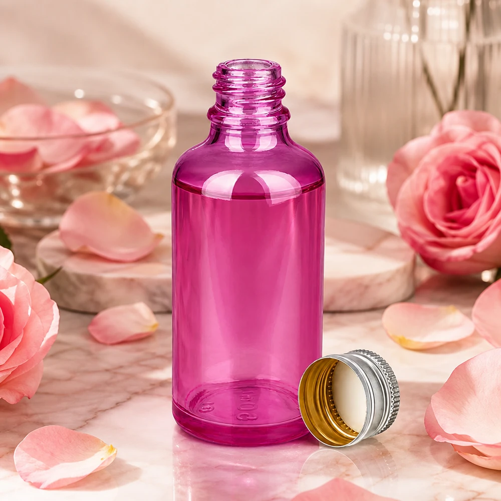 Bottiglia da 50ml tappo a vite 11mm alluminio-argento standard PurpleLine.UT18/50 Flacone in vetro di alta qualità da 50 ml viola con tappo in alluminio per prodotti cosmetici professionali