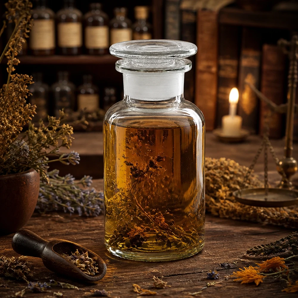 Bottiglia a spalla tonda 250ml chiara a collo largo con tappo in vetro Bottiglia a collo largo e spalle arrotondate da 250 ml, trasparente, con tappo in vetro, contenente estratto di erbe