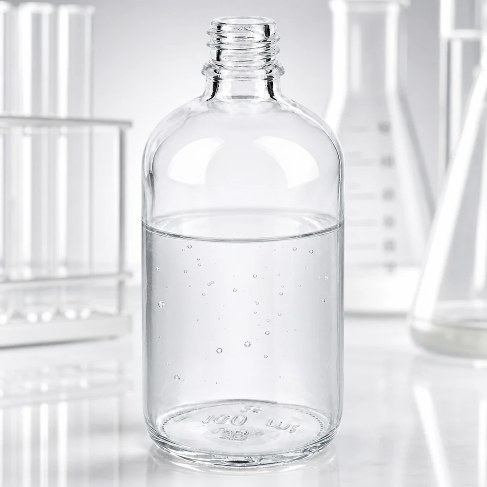Flacone da farmacia trasparente da 100 ml in ApoGlas con ampia apertura per un facile riempimento e pulizia