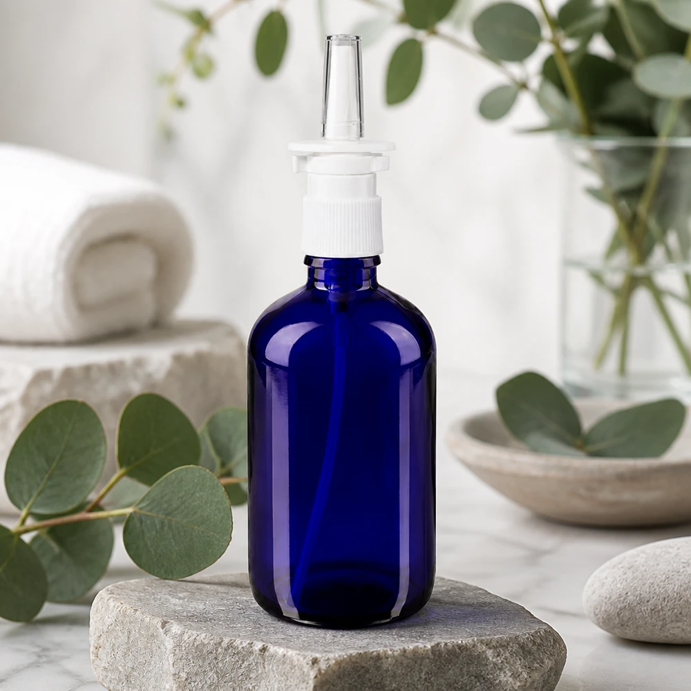 100ml ble. Flacone spray nasale bianco/tr. STD ApoGlas Flacone di vetro da farmacia blu da 100 ml con beccuccio per spray nasale su una pietra naturale davanti a un albero di eucalipto
